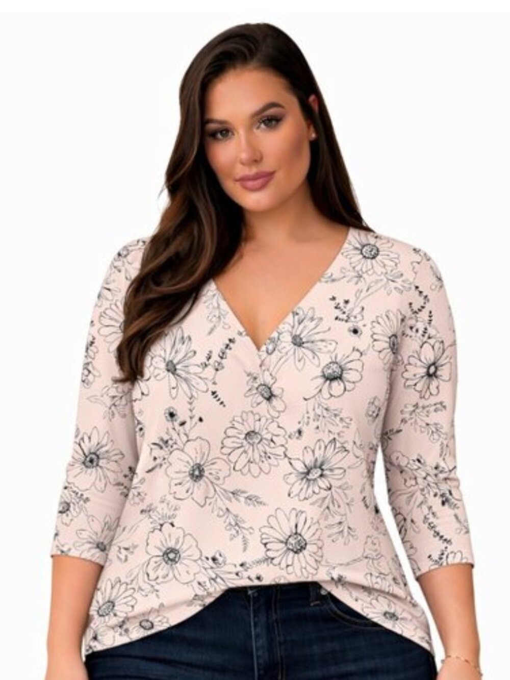 Women’s 3/4 Sleeve V Neck Top Loose Fit T Shirt, BLACK STIPED FLOWER, Size Mediu